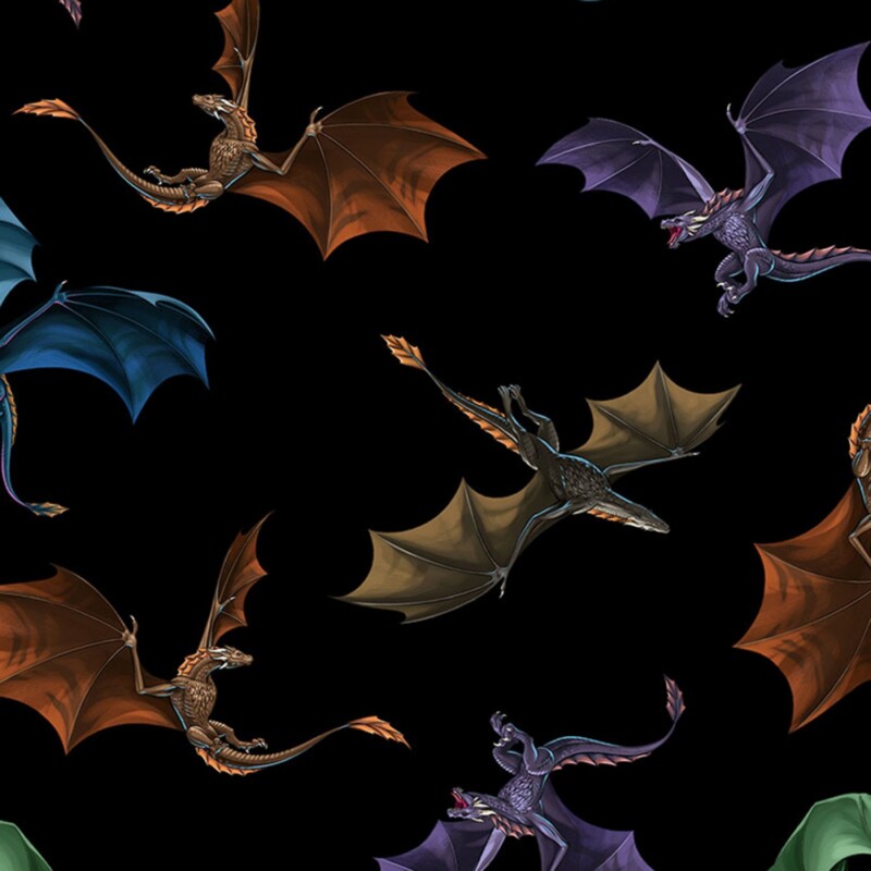 C1376-BLACK Flying Dragons on black